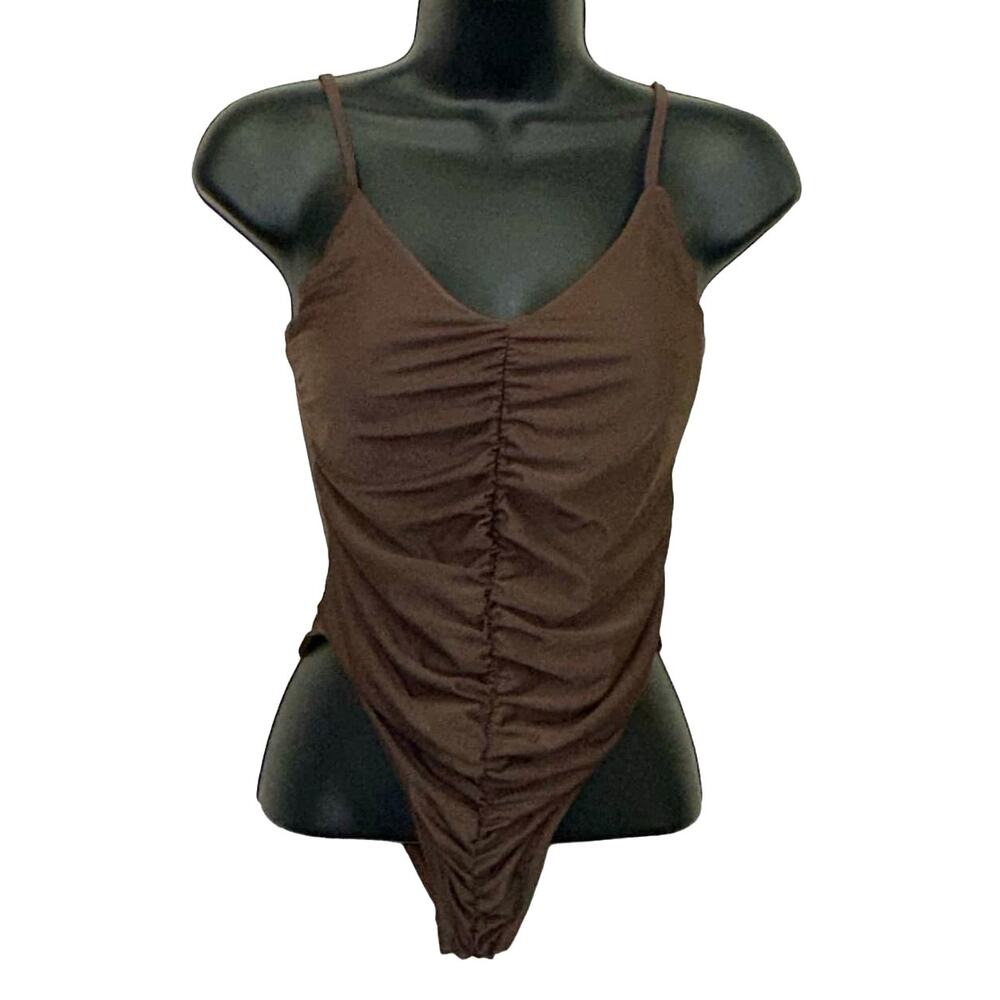 NWT PrettyLittleThing Chocolate Brown Ruched One Piece Swimsuit Size 2 V Neck